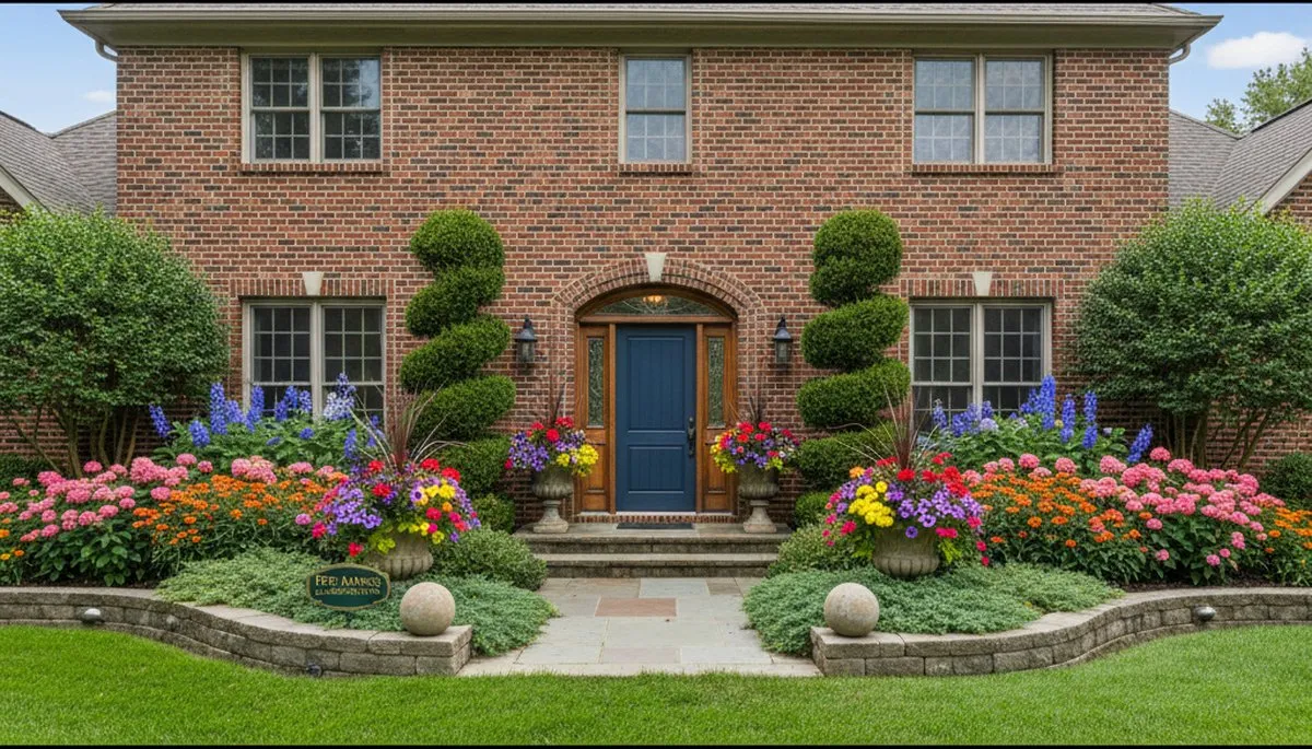 Front yard curb appeal landscaping with colorful plants and shrubs in Des Moines, IA homes