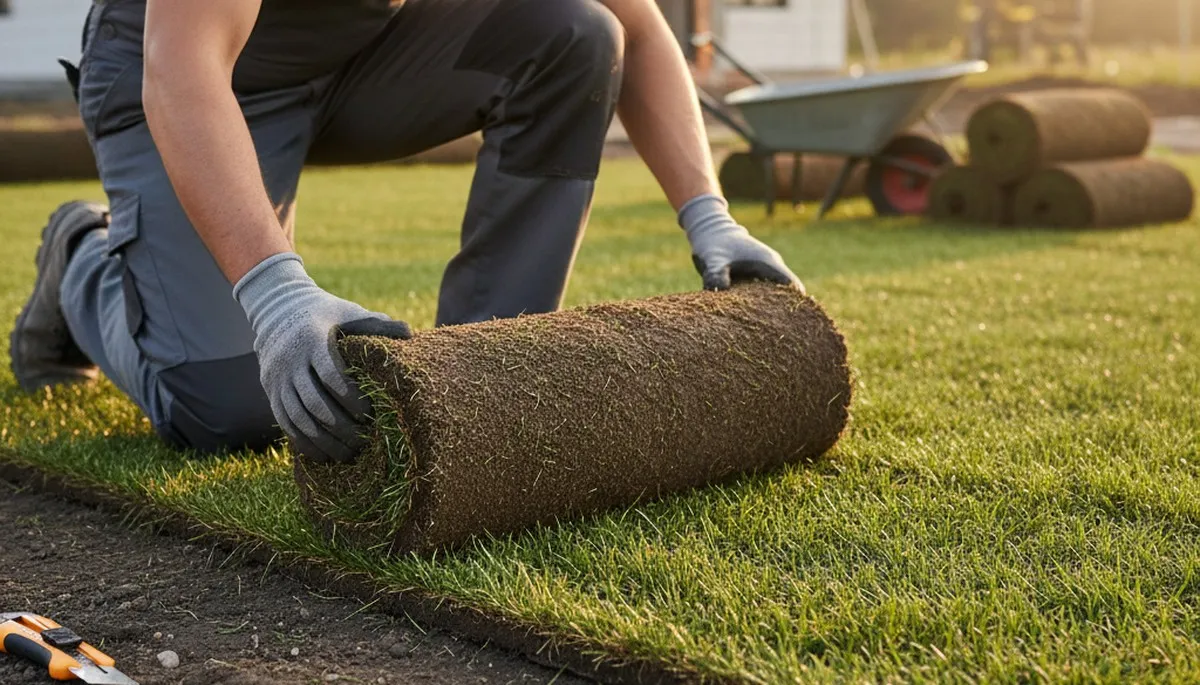 Professional sod installer placing rolls with staggered seams in Des Moines, IA lawn for smooth finish