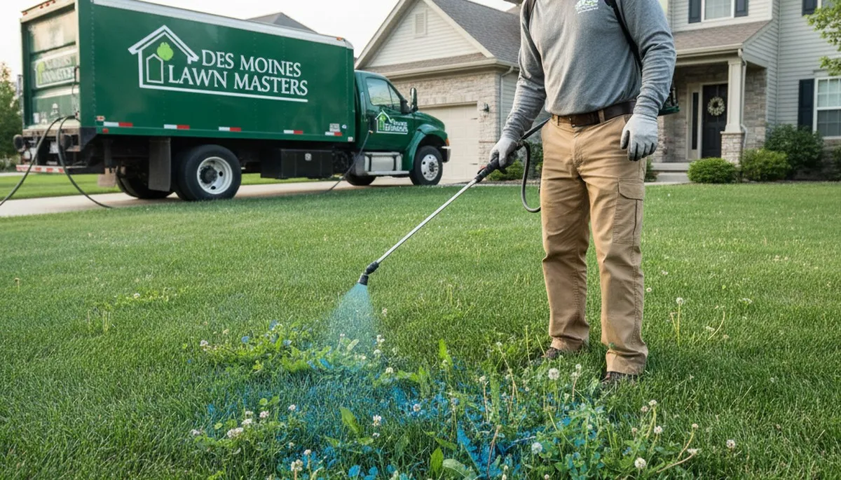 Technician applying professional weed control on residential lawn in Des Moines, IA